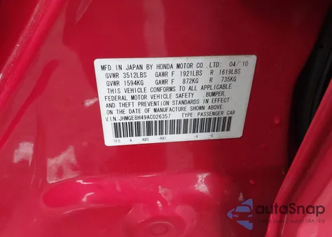 2010 Honda Fit Sport из США, поврежденный, VIN JHMGE8H49AC026357